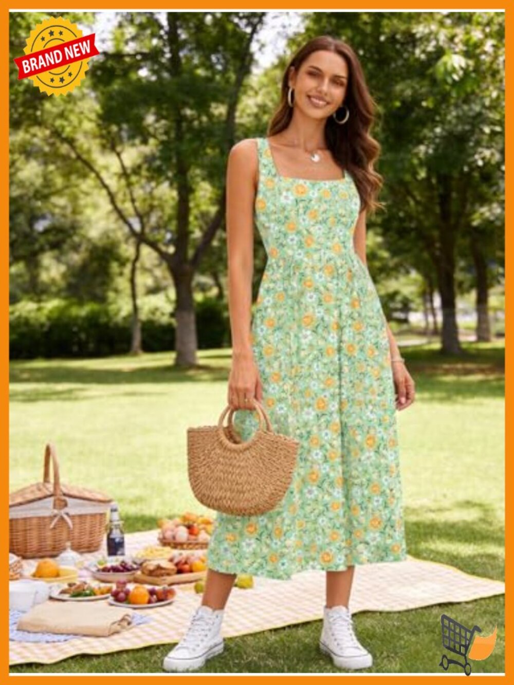 Women's Midi Dress Square Neck Sleeveless A-Line Casual Sundress with Pockets - Picture 5 of 6
